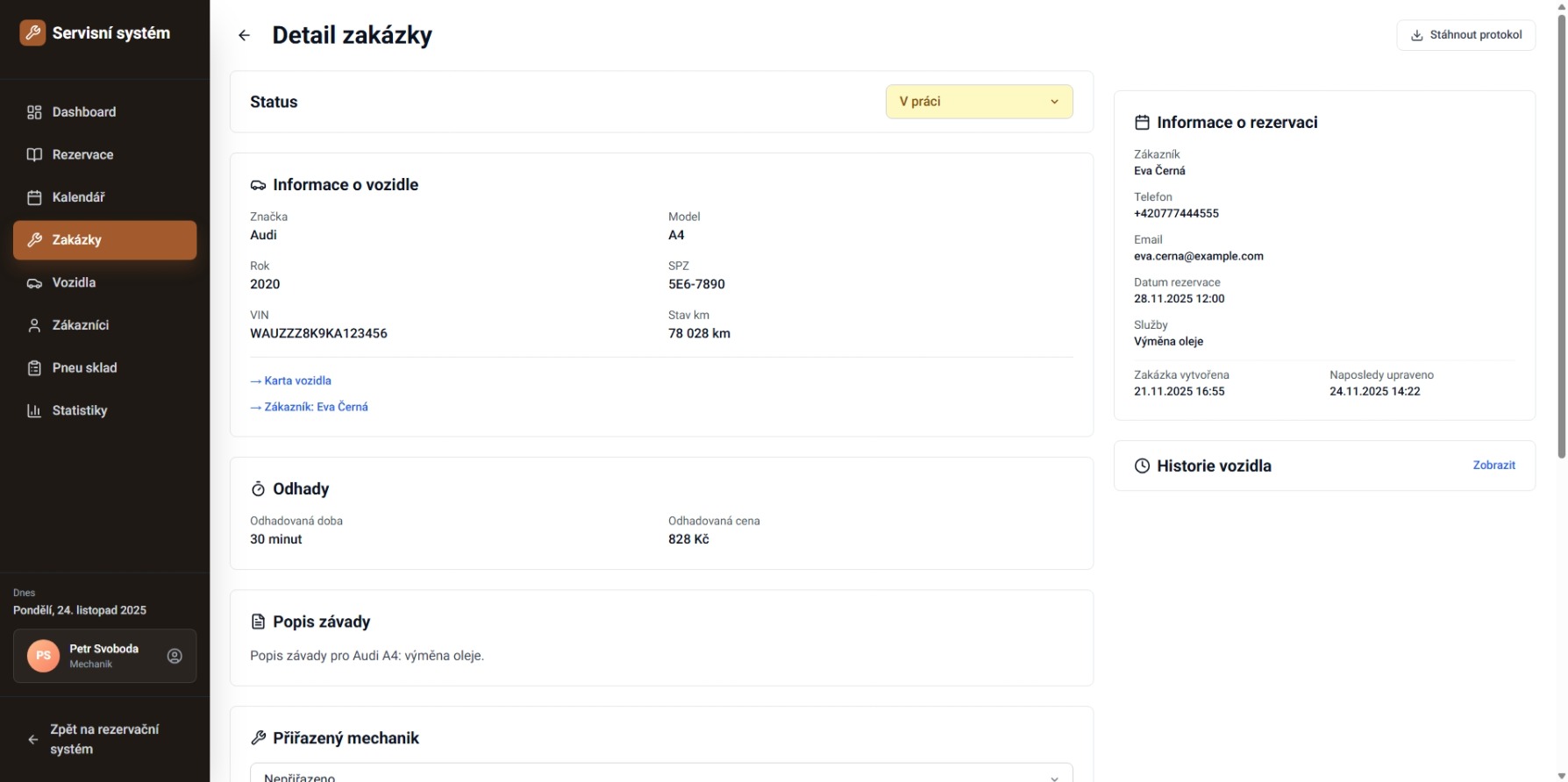 Servis zpracovává zakázku v reálném čase